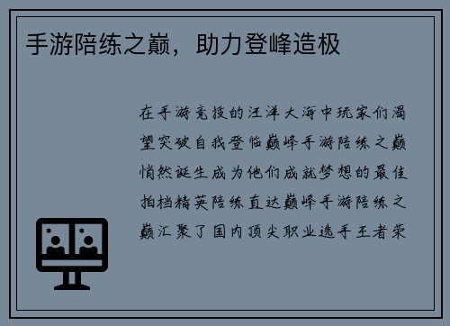 手游陪练之巅，助力登峰造极